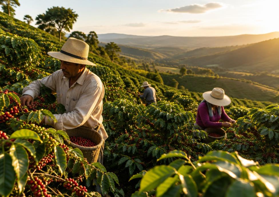 Colhedores apanhando café maduro em cafezal nas montanhas