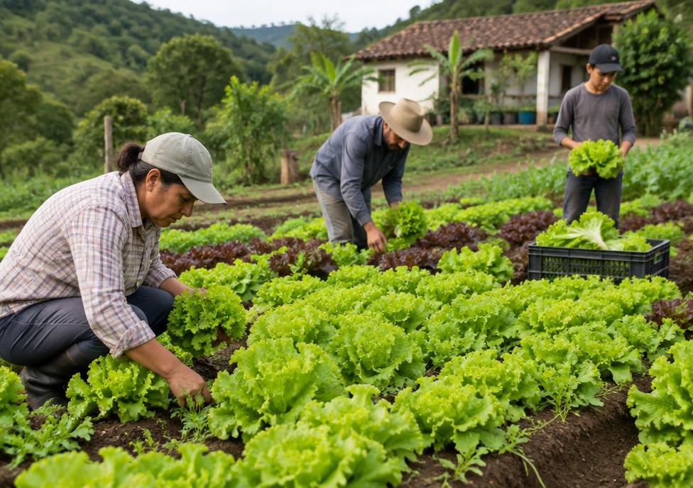 Produtores colhendo alface à mão em canteiros de uma pequena propriedade