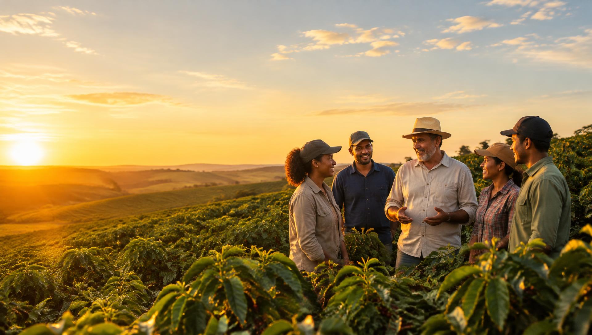 Produtor rural de chapéu conversando com trabalhadores em cafezal ao fim da tarde